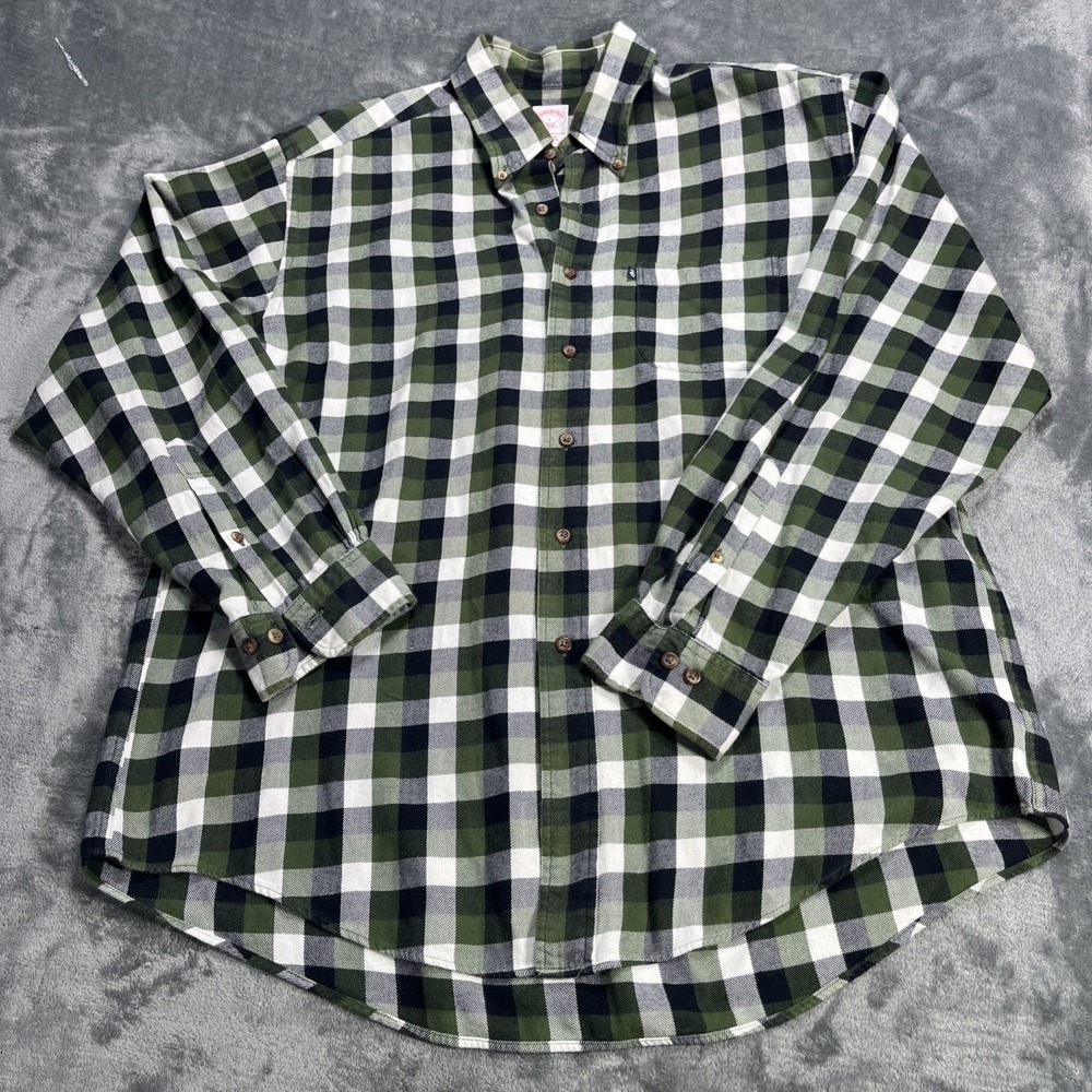 Brooks Brothers 346 Shirt Plaid Button Down Mens L Navy Green Flannel Cotton‎